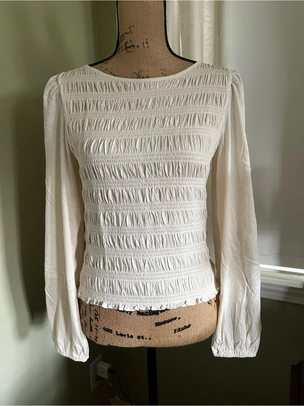 Madewell Ivory Smocked Long-Sleeve Cotton Blouse - Size Medium, Brand NWT
